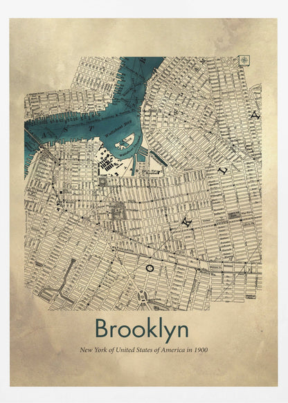 A framed vintage map poster of Brooklyn, New York from the year 1900. The map details the city's grid-like streets on an aged, beige paper background, with the waterways, including Wallabout Bay, highlighted in a vibrant teal color. The poster is titled "Brooklyn" in a dark green font at the bottom. Decor