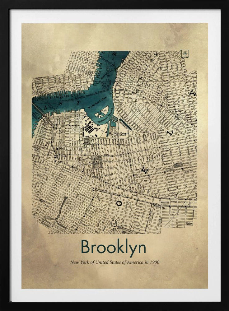 A framed vintage map poster of Brooklyn, New York from the year 1900. The map details the city's grid-like streets on an aged, beige paper background, with the waterways, including Wallabout Bay, highlighted in a vibrant teal color. The poster is titled "Brooklyn" in a dark green font at the bottom. Decor