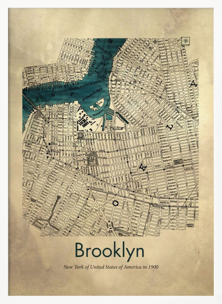 A framed vintage map poster of Brooklyn, New York from the year 1900. The map details the city's grid-like streets on an aged, beige paper background, with the waterways, including Wallabout Bay, highlighted in a vibrant teal color. The poster is titled "Brooklyn" in a dark green font at the bottom. Decor