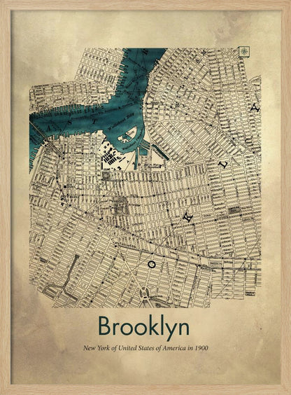 A framed vintage map poster of Brooklyn, New York from the year 1900. The map details the city's grid-like streets on an aged, beige paper background, with the waterways, including Wallabout Bay, highlighted in a vibrant teal color. The poster is titled "Brooklyn" in a dark green font at the bottom. Decor