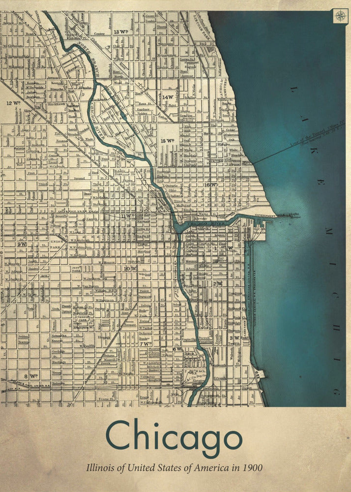 A framed vintage-style map of Chicago from the year 1900. The map details the city grid on an aged beige paper background, with Lake Michigan and the Chicago River highlighted in a deep teal color. Below the map, text reads 'Chicago' and 'Illinois of United States of America in 1900'. Artwork