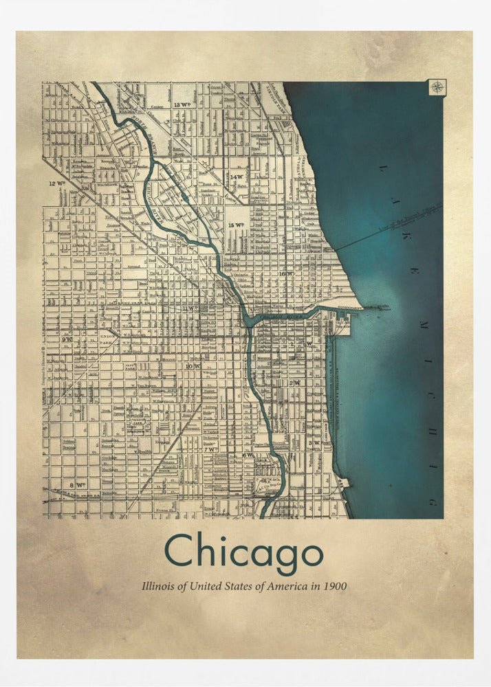 A framed vintage-style map of Chicago from the year 1900. The map details the city grid on an aged beige paper background, with Lake Michigan and the Chicago River highlighted in a deep teal color. Below the map, text reads 'Chicago' and 'Illinois of United States of America in 1900'. Artwork