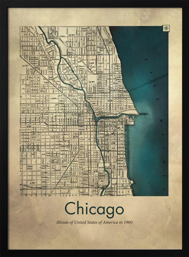 A framed vintage-style map of Chicago from the year 1900. The map details the city grid on an aged beige paper background, with Lake Michigan and the Chicago River highlighted in a deep teal color. Below the map, text reads 'Chicago' and 'Illinois of United States of America in 1900'. Artwork