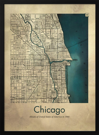 A framed vintage-style map of Chicago from the year 1900. The map details the city grid on an aged beige paper background, with Lake Michigan and the Chicago River highlighted in a deep teal color. Below the map, text reads 'Chicago' and 'Illinois of United States of America in 1900'. Artwork