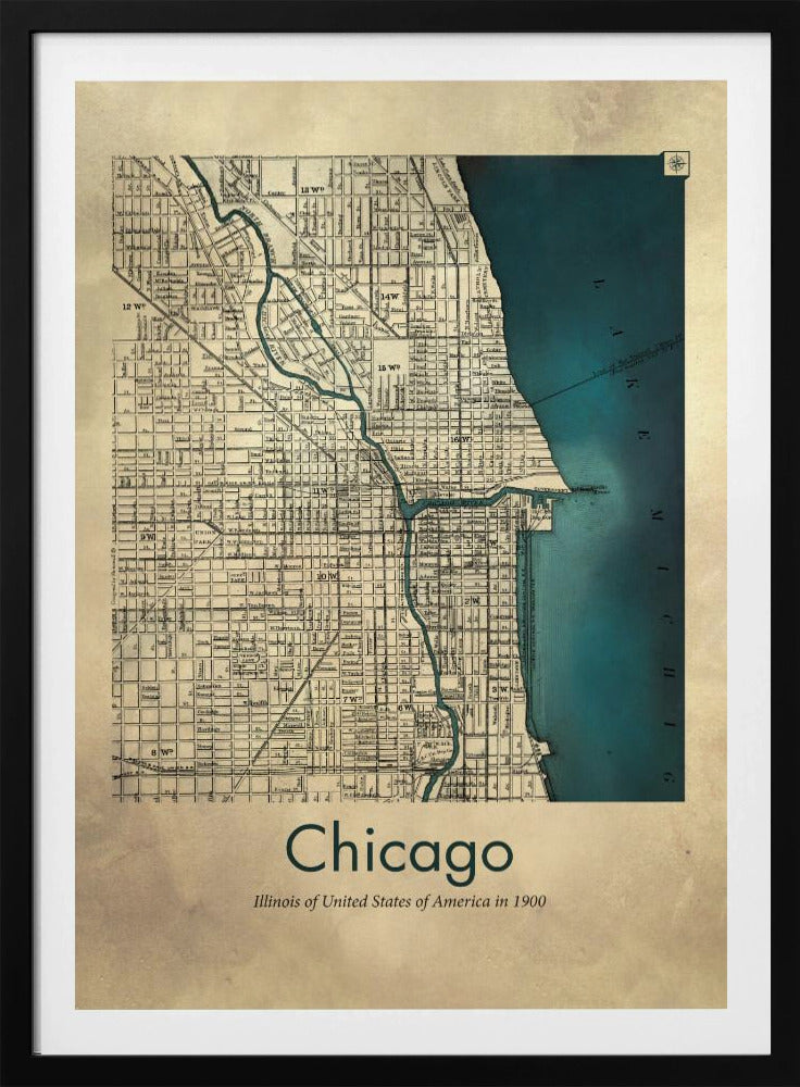 A framed vintage-style map of Chicago from the year 1900. The map details the city grid on an aged beige paper background, with Lake Michigan and the Chicago River highlighted in a deep teal color. Below the map, text reads 'Chicago' and 'Illinois of United States of America in 1900'. Artwork