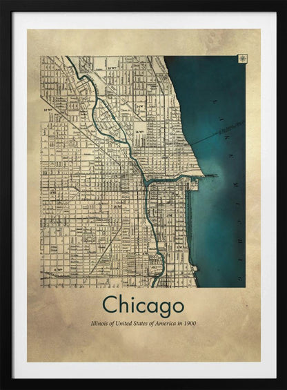 A framed vintage-style map of Chicago from the year 1900. The map details the city grid on an aged beige paper background, with Lake Michigan and the Chicago River highlighted in a deep teal color. Below the map, text reads 'Chicago' and 'Illinois of United States of America in 1900'. Artwork