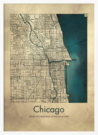 A framed vintage-style map of Chicago from the year 1900. The map details the city grid on an aged beige paper background, with Lake Michigan and the Chicago River highlighted in a deep teal color. Below the map, text reads 'Chicago' and 'Illinois of United States of America in 1900'. Artwork
