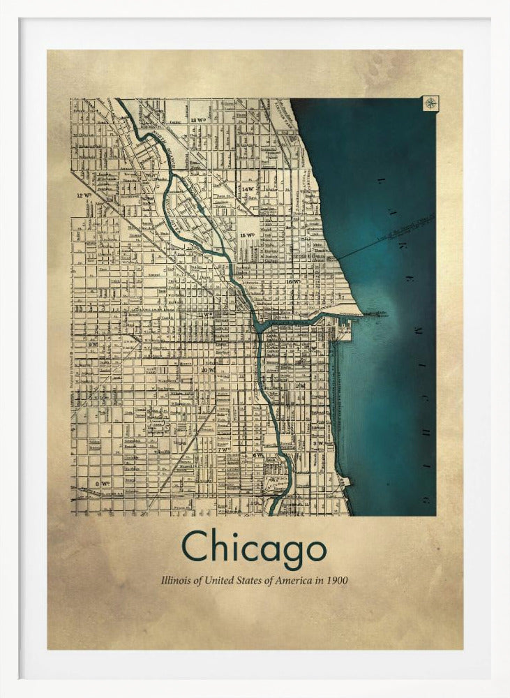A framed vintage-style map of Chicago from the year 1900. The map details the city grid on an aged beige paper background, with Lake Michigan and the Chicago River highlighted in a deep teal color. Below the map, text reads 'Chicago' and 'Illinois of United States of America in 1900'. Artwork