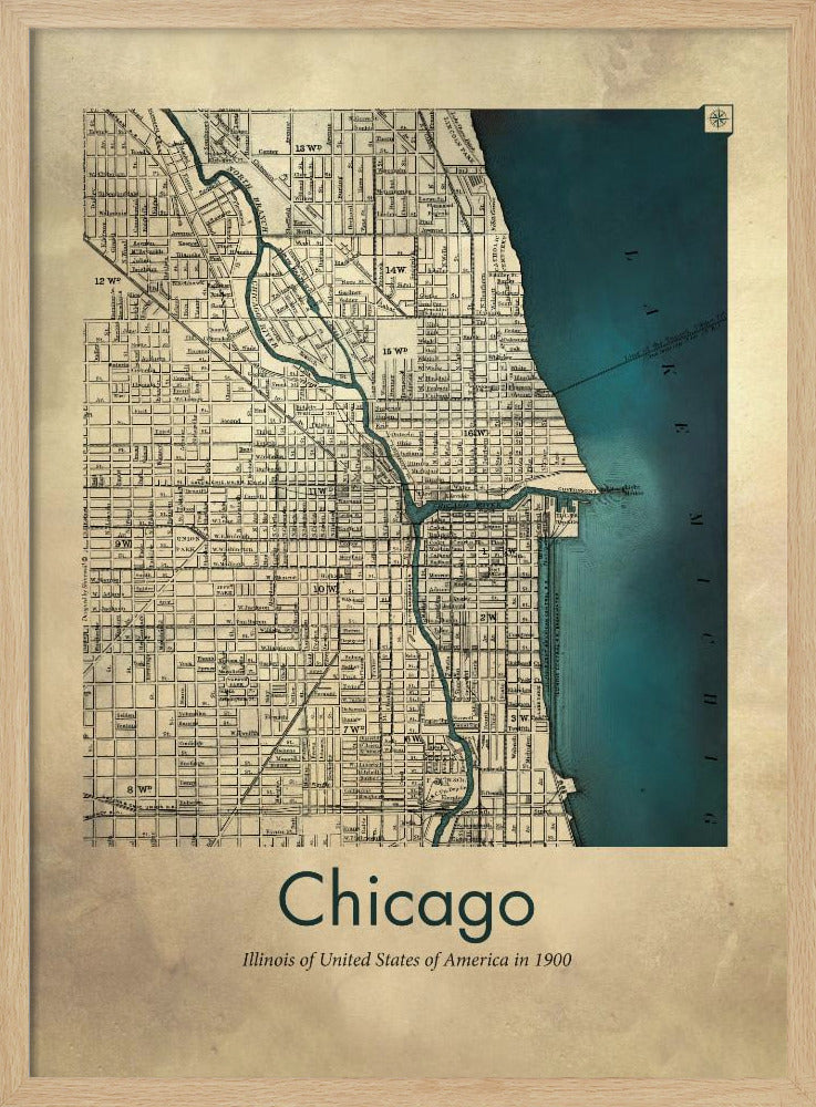 A framed vintage-style map of Chicago from the year 1900. The map details the city grid on an aged beige paper background, with Lake Michigan and the Chicago River highlighted in a deep teal color. Below the map, text reads 'Chicago' and 'Illinois of United States of America in 1900'. Artwork