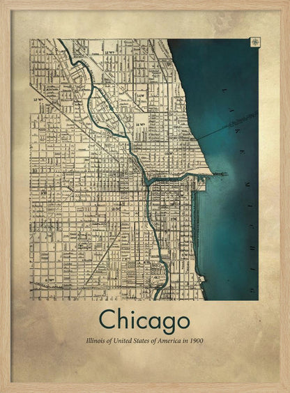 A framed vintage-style map of Chicago from the year 1900. The map details the city grid on an aged beige paper background, with Lake Michigan and the Chicago River highlighted in a deep teal color. Below the map, text reads 'Chicago' and 'Illinois of United States of America in 1900'. Artwork