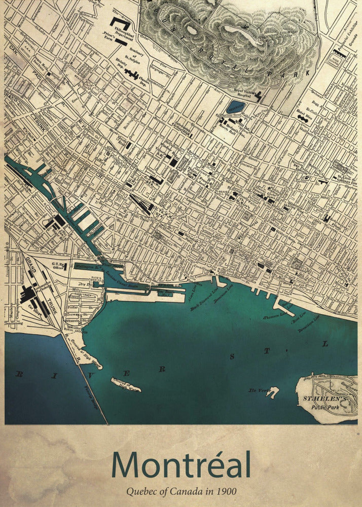 A vintage-style map of Montréal, Quebec from the year 1900, presented in a black frame. The map features a sepia-toned, aged paper texture, with black ink detailing the city's grid layout and landmarks. The St. Lawrence River and port area are highlighted in a deep teal color. At the bottom, the poster is titled 'Montréal' with the subtitle 'Quebec of Canada in 1900'. Artwork