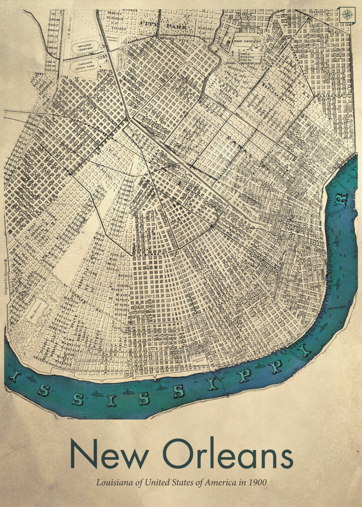 A framed vintage-style map of New Orleans from 1900. The map details are in black ink on a beige, aged paper background. The Mississippi River is highlighted in a vibrant teal color, curving around the bottom of the city grid. The text 'New Orleans' is displayed prominently at the bottom. Decor