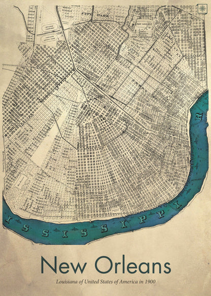 A framed vintage-style map of New Orleans from 1900. The map details are in black ink on a beige, aged paper background. The Mississippi River is highlighted in a vibrant teal color, curving around the bottom of the city grid. The text 'New Orleans' is displayed prominently at the bottom. Decor