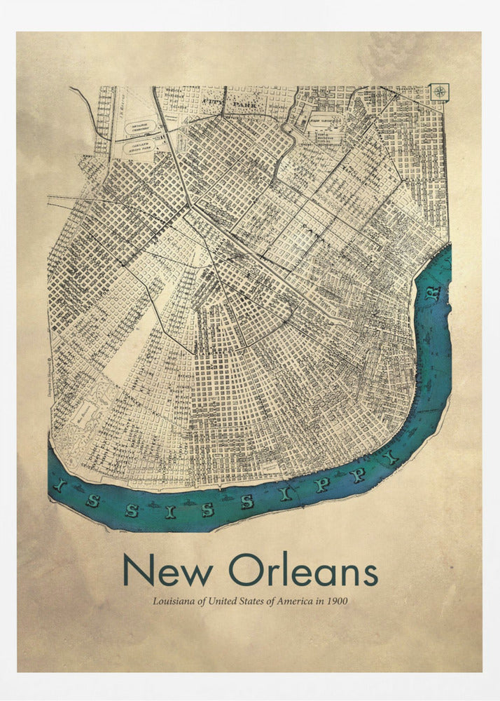 A framed vintage-style map of New Orleans from 1900. The map details are in black ink on a beige, aged paper background. The Mississippi River is highlighted in a vibrant teal color, curving around the bottom of the city grid. The text 'New Orleans' is displayed prominently at the bottom. Decor