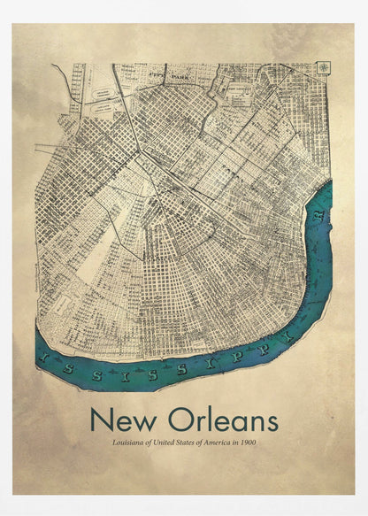 A framed vintage-style map of New Orleans from 1900. The map details are in black ink on a beige, aged paper background. The Mississippi River is highlighted in a vibrant teal color, curving around the bottom of the city grid. The text 'New Orleans' is displayed prominently at the bottom. Decor