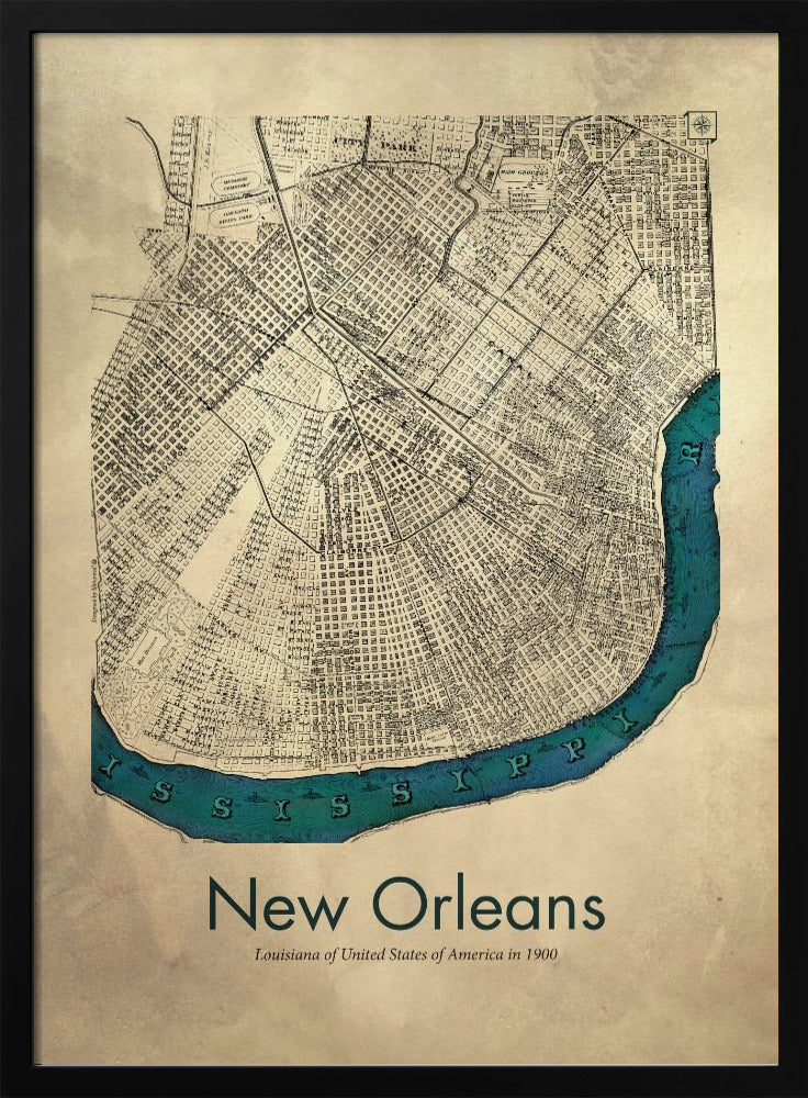A framed vintage-style map of New Orleans from 1900. The map details are in black ink on a beige, aged paper background. The Mississippi River is highlighted in a vibrant teal color, curving around the bottom of the city grid. The text 'New Orleans' is displayed prominently at the bottom. Decor
