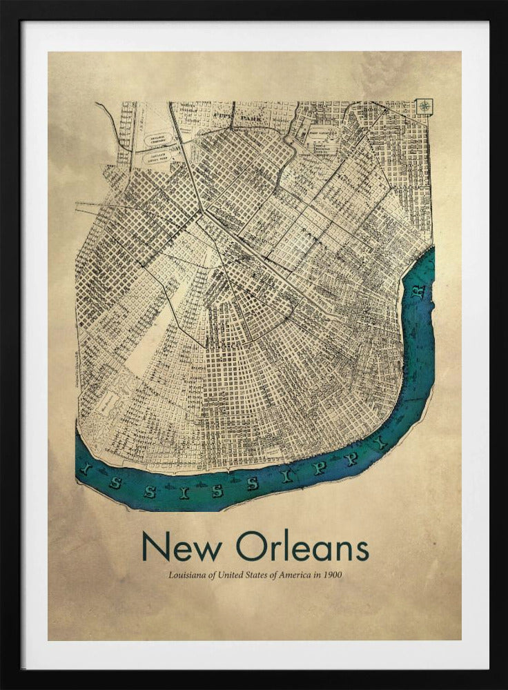 A framed vintage-style map of New Orleans from 1900. The map details are in black ink on a beige, aged paper background. The Mississippi River is highlighted in a vibrant teal color, curving around the bottom of the city grid. The text 'New Orleans' is displayed prominently at the bottom. Decor