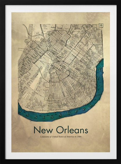 A framed vintage-style map of New Orleans from 1900. The map details are in black ink on a beige, aged paper background. The Mississippi River is highlighted in a vibrant teal color, curving around the bottom of the city grid. The text 'New Orleans' is displayed prominently at the bottom. Decor