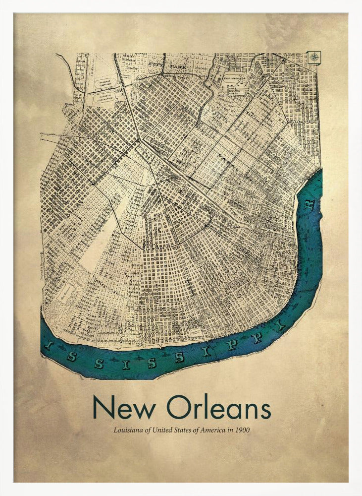A framed vintage-style map of New Orleans from 1900. The map details are in black ink on a beige, aged paper background. The Mississippi River is highlighted in a vibrant teal color, curving around the bottom of the city grid. The text 'New Orleans' is displayed prominently at the bottom. Decor