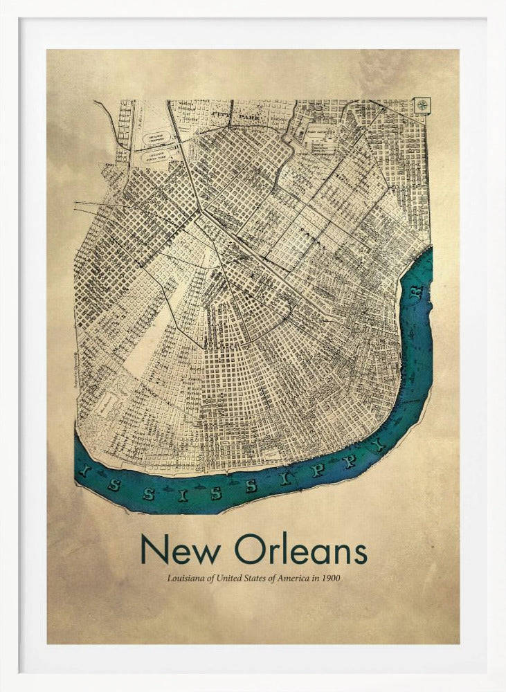 A framed vintage-style map of New Orleans from 1900. The map details are in black ink on a beige, aged paper background. The Mississippi River is highlighted in a vibrant teal color, curving around the bottom of the city grid. The text 'New Orleans' is displayed prominently at the bottom. Decor