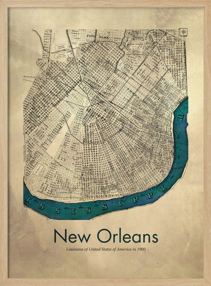 A framed vintage-style map of New Orleans from 1900. The map details are in black ink on a beige, aged paper background. The Mississippi River is highlighted in a vibrant teal color, curving around the bottom of the city grid. The text 'New Orleans' is displayed prominently at the bottom. Decor