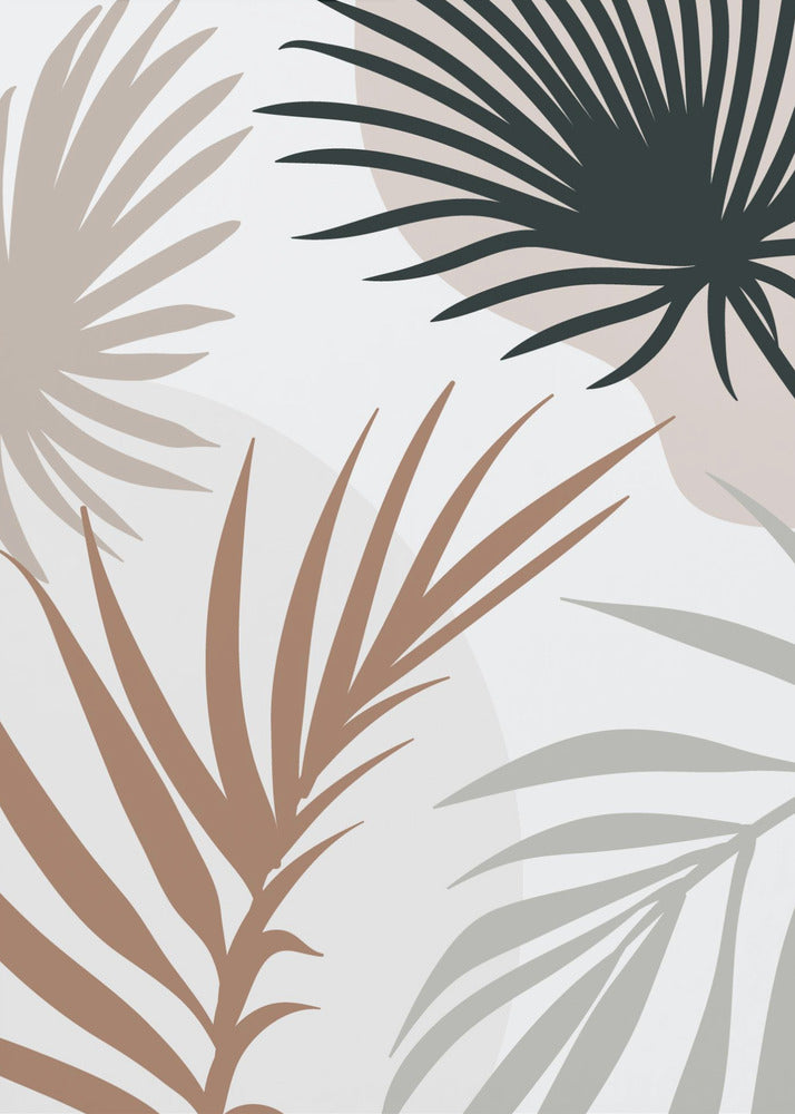 A modern art print in a black frame featuring stylized silhouettes of palm leaves. The fronds are colored in dark green, brown, beige, and light gray, overlapping on a light background with faint, large, muted pink circles. Print