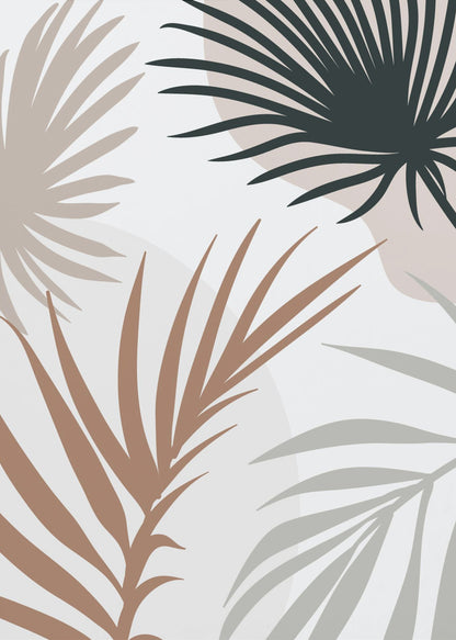 A modern art print in a black frame featuring stylized silhouettes of palm leaves. The fronds are colored in dark green, brown, beige, and light gray, overlapping on a light background with faint, large, muted pink circles. Print