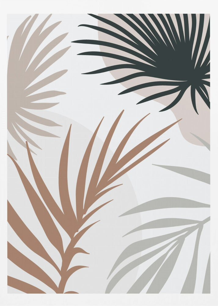 A modern art print in a black frame featuring stylized silhouettes of palm leaves. The fronds are colored in dark green, brown, beige, and light gray, overlapping on a light background with faint, large, muted pink circles. Print