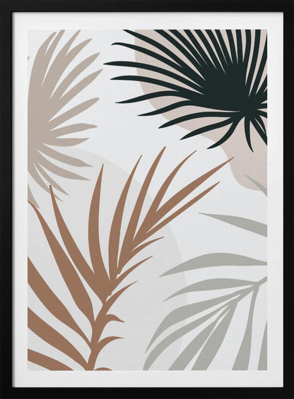 A modern art print in a black frame featuring stylized silhouettes of palm leaves. The fronds are colored in dark green, brown, beige, and light gray, overlapping on a light background with faint, large, muted pink circles. Print