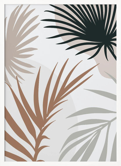 A modern art print in a black frame featuring stylized silhouettes of palm leaves. The fronds are colored in dark green, brown, beige, and light gray, overlapping on a light background with faint, large, muted pink circles. Print