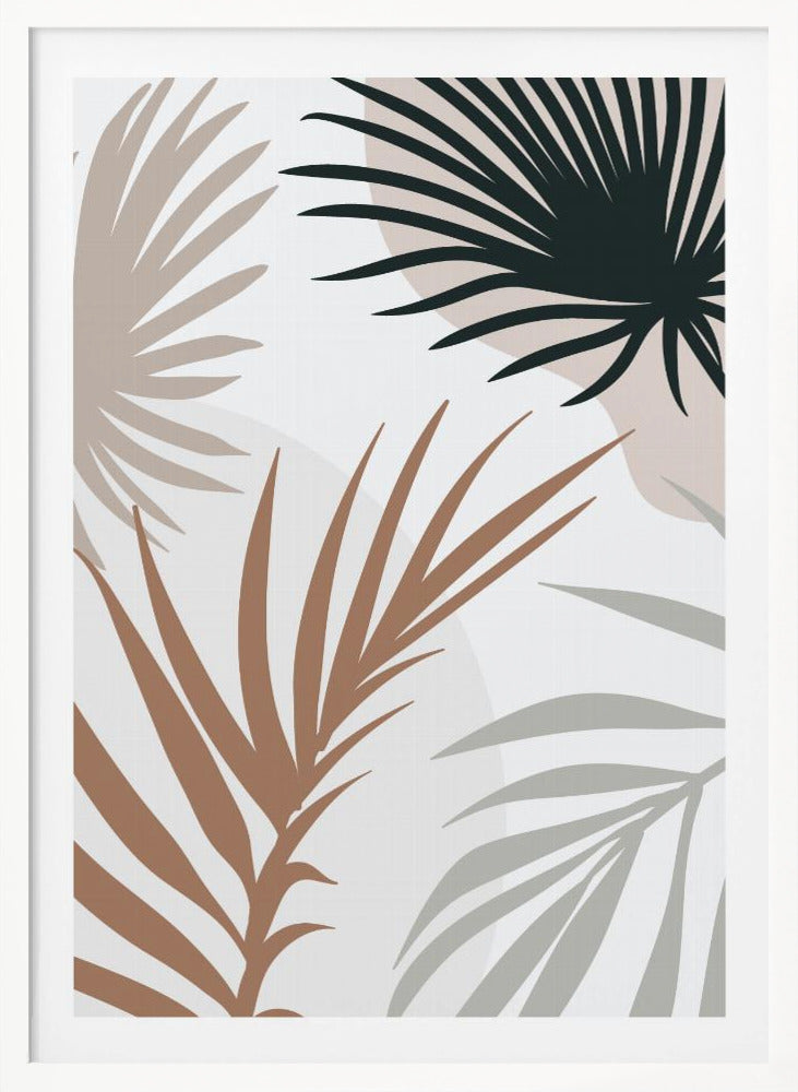 A modern art print in a black frame featuring stylized silhouettes of palm leaves. The fronds are colored in dark green, brown, beige, and light gray, overlapping on a light background with faint, large, muted pink circles. Print