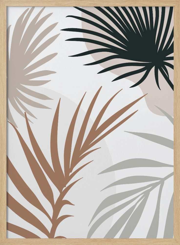 A modern art print in a black frame featuring stylized silhouettes of palm leaves. The fronds are colored in dark green, brown, beige, and light gray, overlapping on a light background with faint, large, muted pink circles. Print