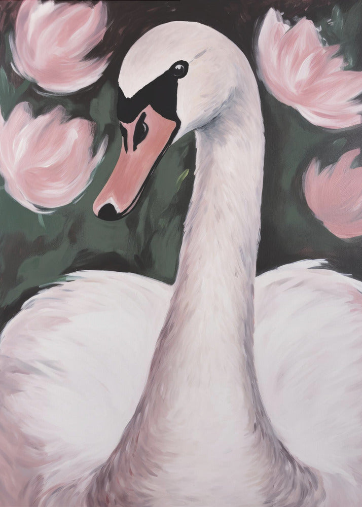 A majestic white swan gracefully swimming in a calm pond, surrounded by lush natural scenery. Decor