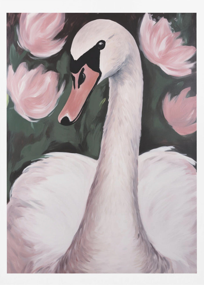 A majestic white swan gracefully swimming in a calm pond, surrounded by lush natural scenery. Decor