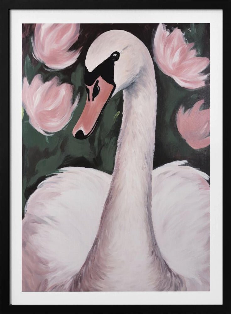 A majestic white swan gracefully swimming in a calm pond, surrounded by lush natural scenery. Decor
