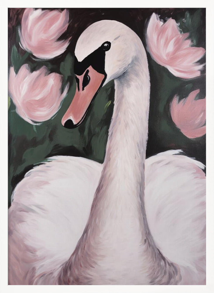 A majestic white swan gracefully swimming in a calm pond, surrounded by lush natural scenery. Decor