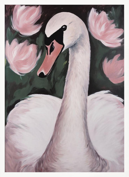 A majestic white swan gracefully swimming in a calm pond, surrounded by lush natural scenery. Decor