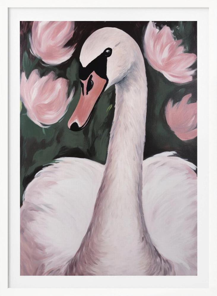 A majestic white swan gracefully swimming in a calm pond, surrounded by lush natural scenery. Decor