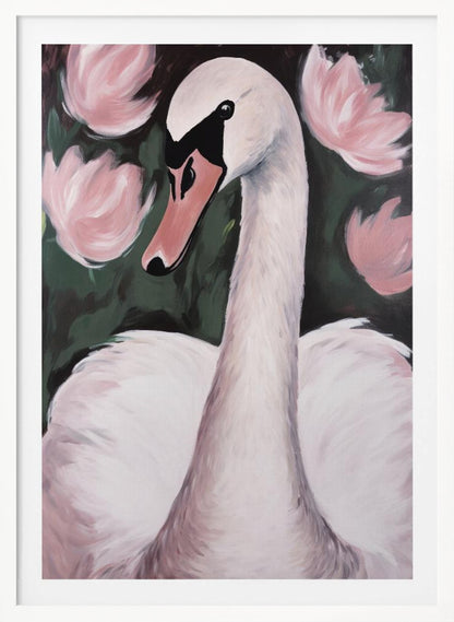 A majestic white swan gracefully swimming in a calm pond, surrounded by lush natural scenery. Decor