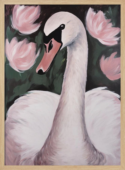 A majestic white swan gracefully swimming in a calm pond, surrounded by lush natural scenery. Decor