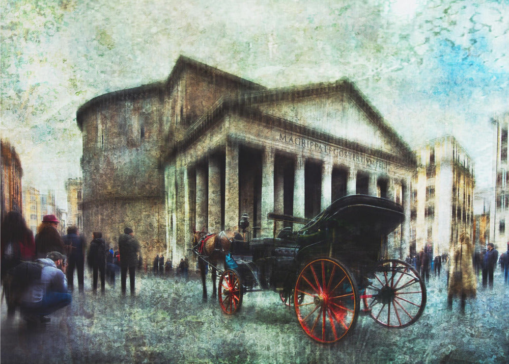 A vintage-style, painterly artwork of the Pantheon in Rome. A horse-drawn carriage with prominent red wheels sits in the foreground on the cobblestone square, with people milling about. The entire image has a textured, weathered appearance. Artwork
