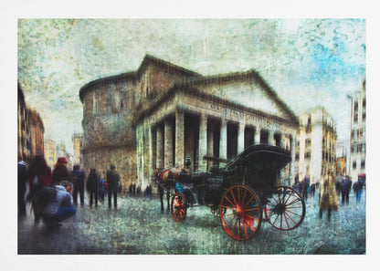 A vintage-style, painterly artwork of the Pantheon in Rome. A horse-drawn carriage with prominent red wheels sits in the foreground on the cobblestone square, with people milling about. The entire image has a textured, weathered appearance. Artwork