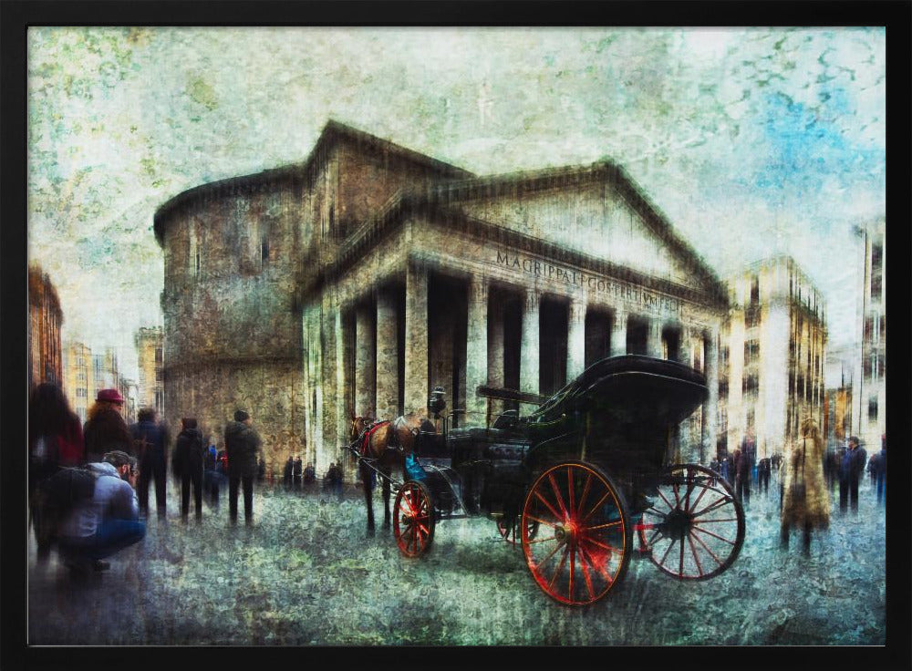 A vintage-style, painterly artwork of the Pantheon in Rome. A horse-drawn carriage with prominent red wheels sits in the foreground on the cobblestone square, with people milling about. The entire image has a textured, weathered appearance. Artwork