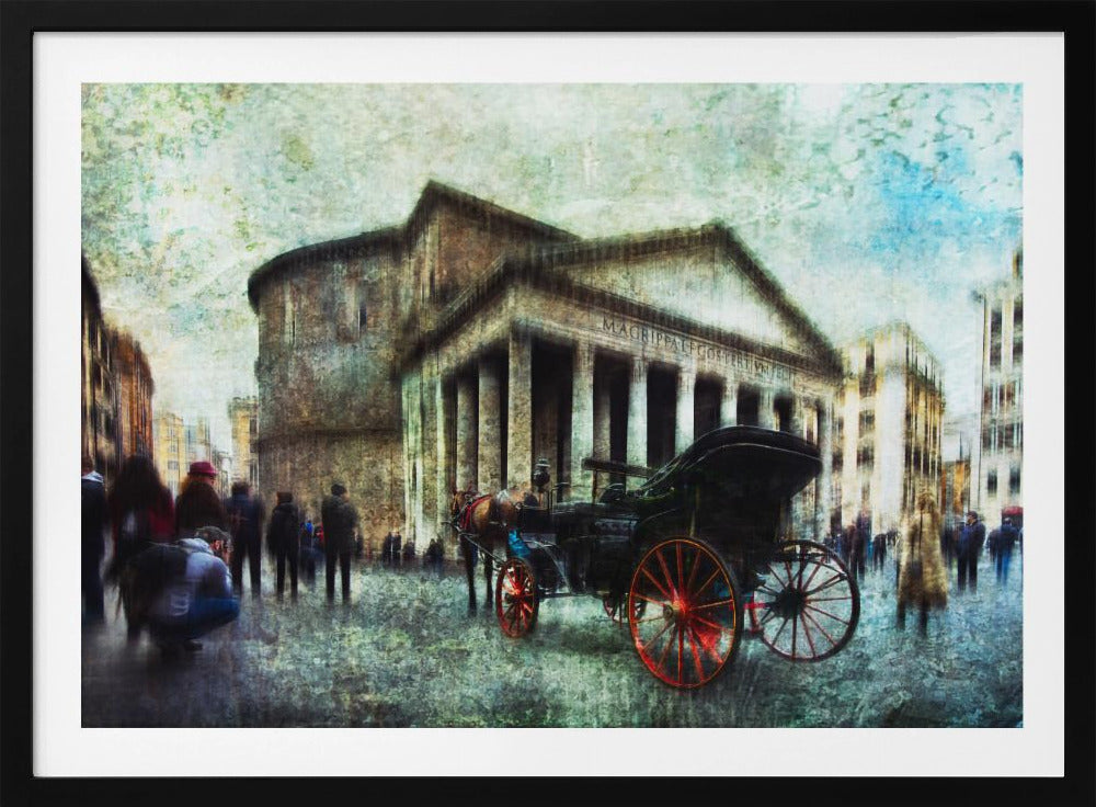A vintage-style, painterly artwork of the Pantheon in Rome. A horse-drawn carriage with prominent red wheels sits in the foreground on the cobblestone square, with people milling about. The entire image has a textured, weathered appearance. Artwork