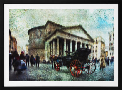 A vintage-style, painterly artwork of the Pantheon in Rome. A horse-drawn carriage with prominent red wheels sits in the foreground on the cobblestone square, with people milling about. The entire image has a textured, weathered appearance. Artwork