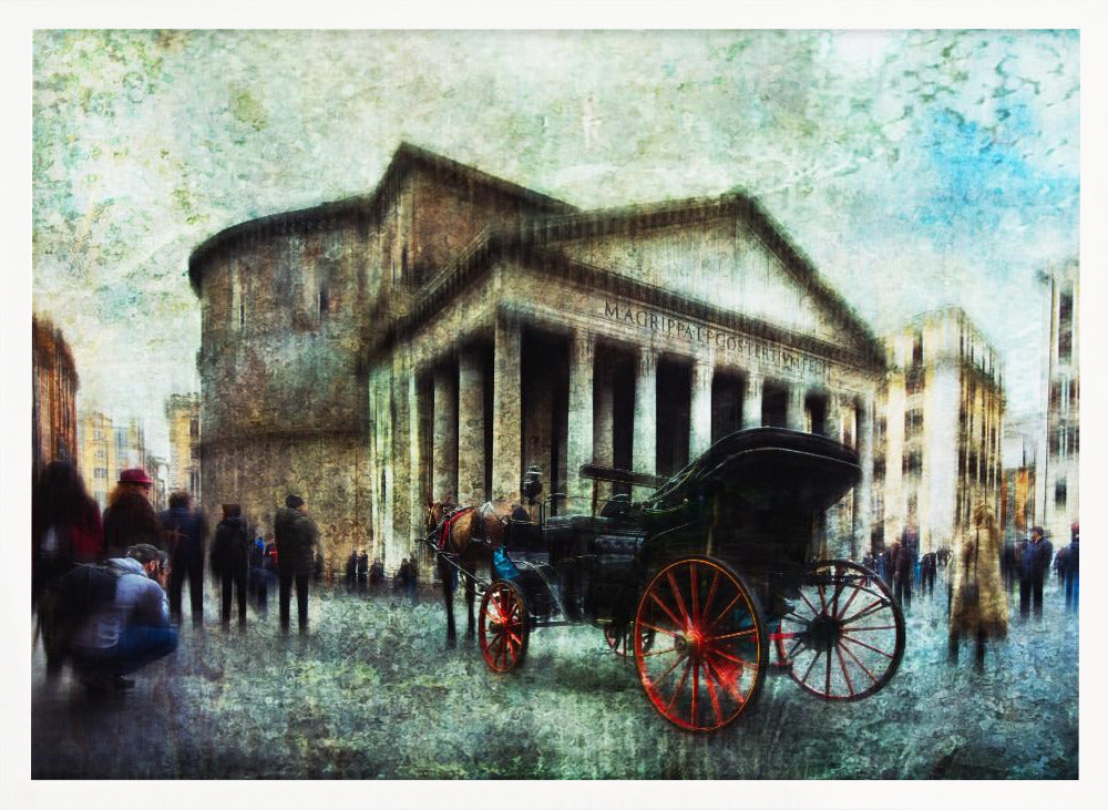 A vintage-style, painterly artwork of the Pantheon in Rome. A horse-drawn carriage with prominent red wheels sits in the foreground on the cobblestone square, with people milling about. The entire image has a textured, weathered appearance. Artwork