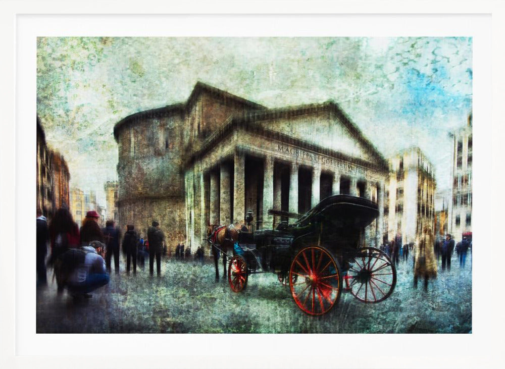A vintage-style, painterly artwork of the Pantheon in Rome. A horse-drawn carriage with prominent red wheels sits in the foreground on the cobblestone square, with people milling about. The entire image has a textured, weathered appearance. Artwork