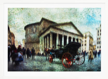 A vintage-style, painterly artwork of the Pantheon in Rome. A horse-drawn carriage with prominent red wheels sits in the foreground on the cobblestone square, with people milling about. The entire image has a textured, weathered appearance. Artwork