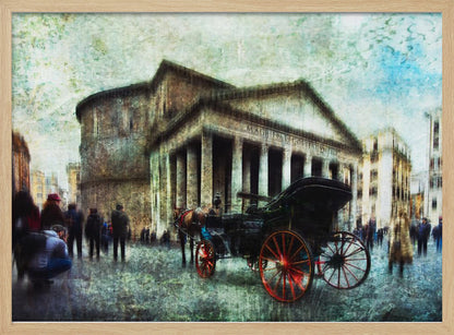 A vintage-style, painterly artwork of the Pantheon in Rome. A horse-drawn carriage with prominent red wheels sits in the foreground on the cobblestone square, with people milling about. The entire image has a textured, weathered appearance. Artwork