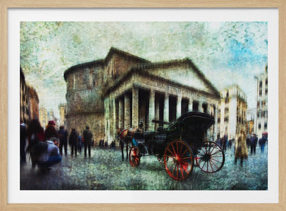 A vintage-style, painterly artwork of the Pantheon in Rome. A horse-drawn carriage with prominent red wheels sits in the foreground on the cobblestone square, with people milling about. The entire image has a textured, weathered appearance. Artwork